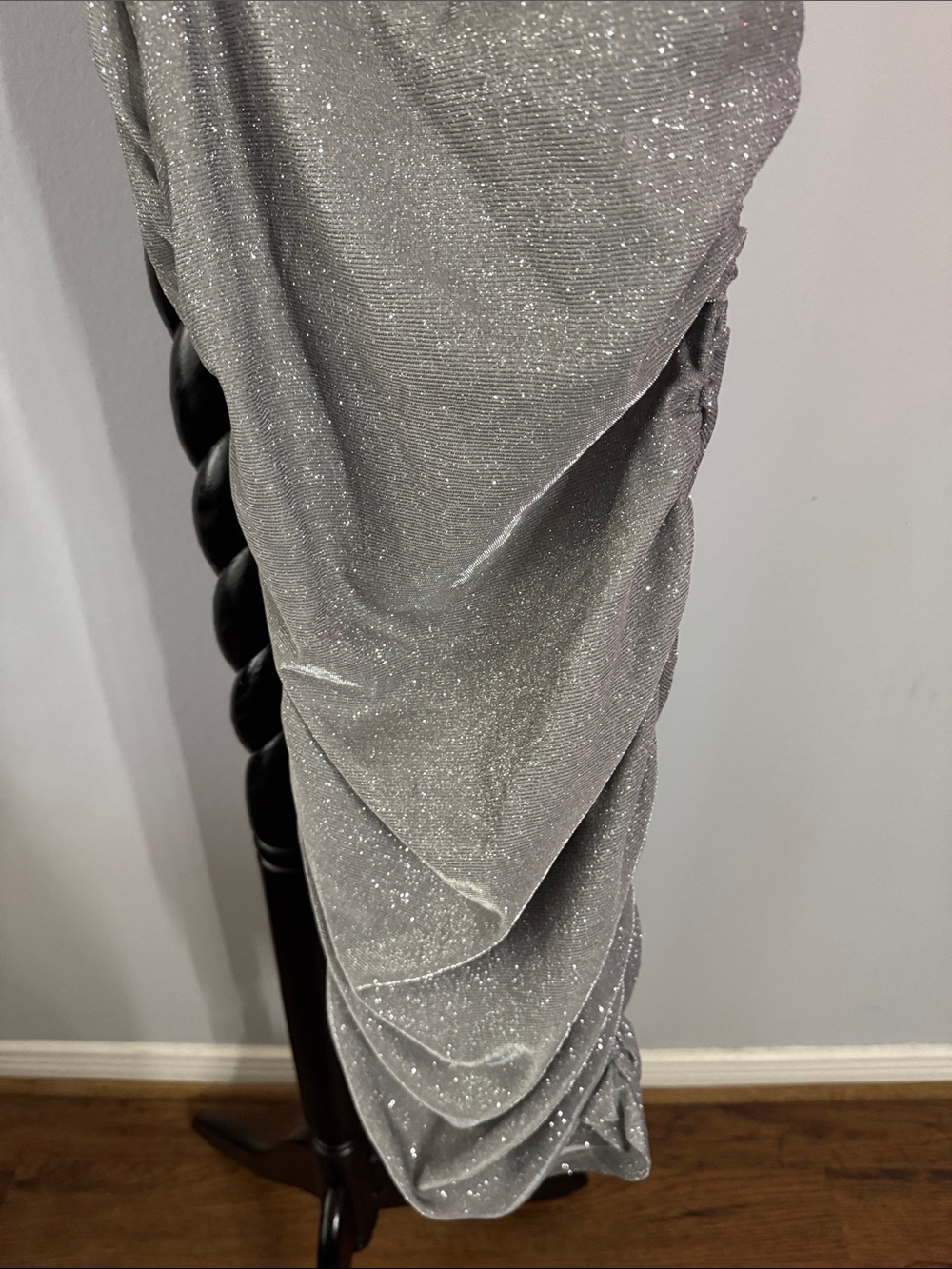 Silver One-Shoulder Ruched Sparkle Dress - Picture 6 of 7